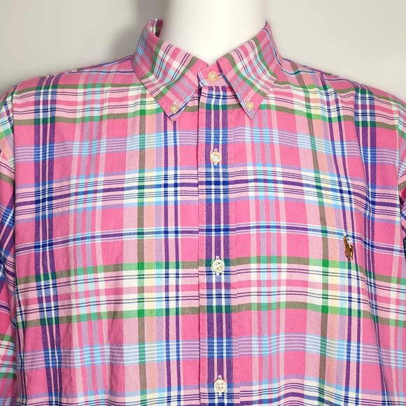Polo Ralph Lauren Plaid Shirt Mens XXL Pink Green Button Up Classic Blue Label - Picture 2 of 13